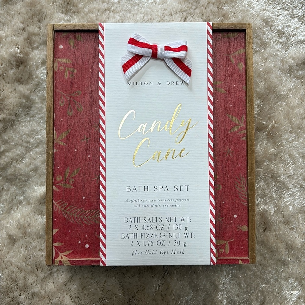 Milton & Drew Candy Cane Bath Spa Set in Super Cute Sliding Wood Box